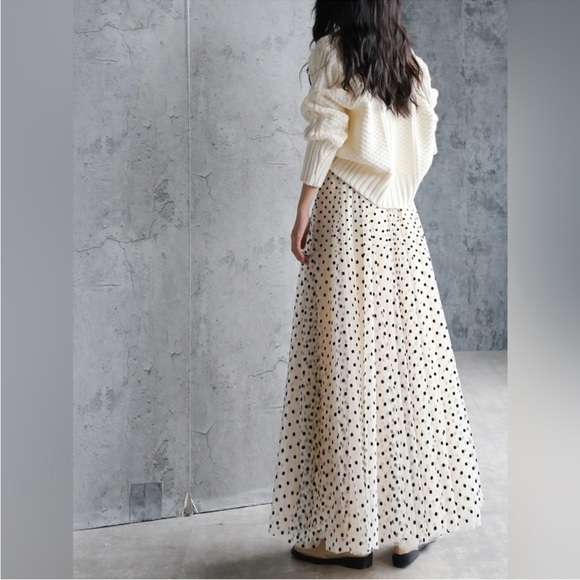 French Cream Polka Dot Pleated Maxi Skirt - Picture 5 of 11